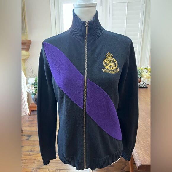 VINTAGE LAUREN RALPH LAUREN PURPLE  BLACK FULL ZIP SWEATER GOLD CREST Sz M - Picture 2 of 10